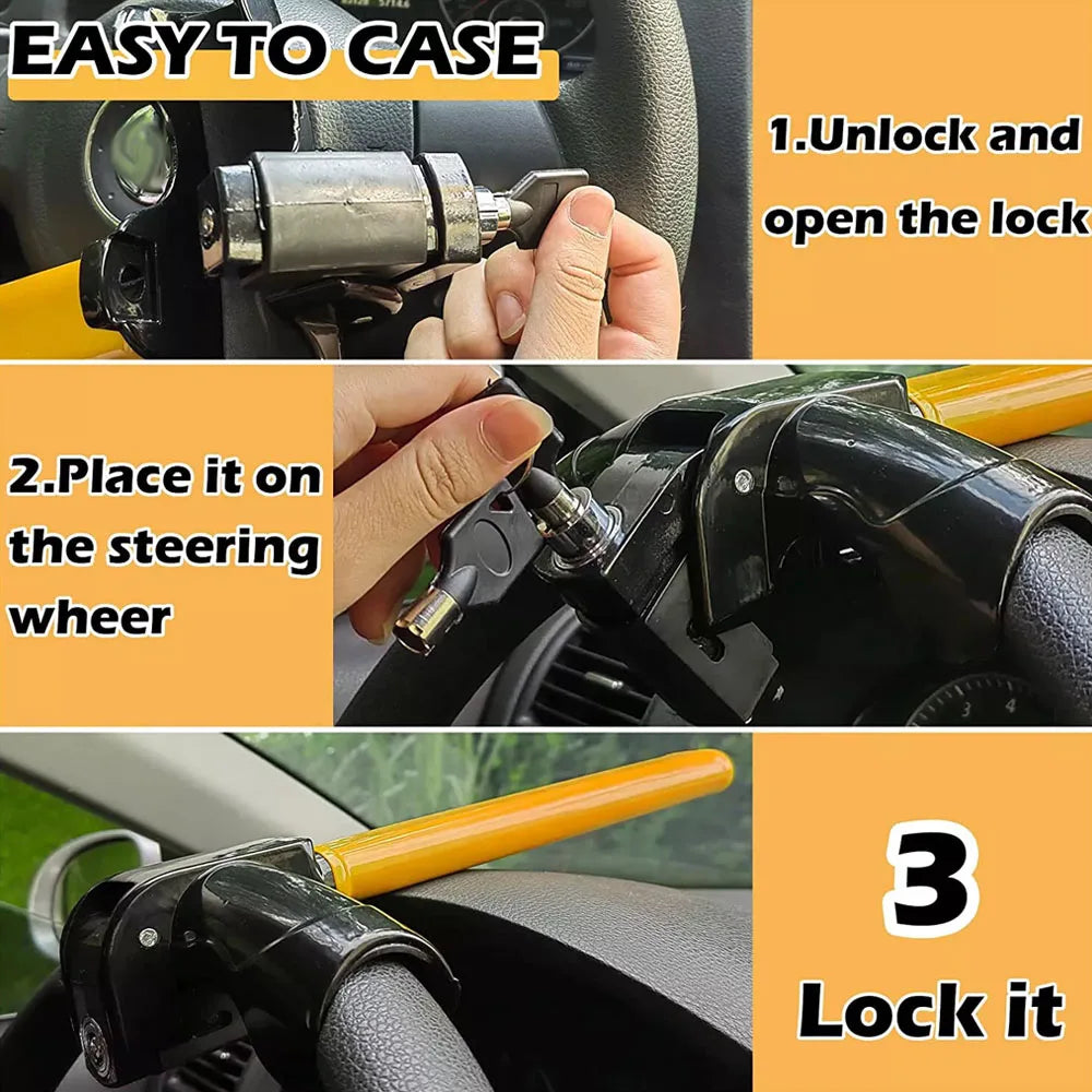 Universal Car Steering Wheel Lock with Keys Security Steering Anti-Theft Stainless T-Bar Steering Wheel Immobiliser
